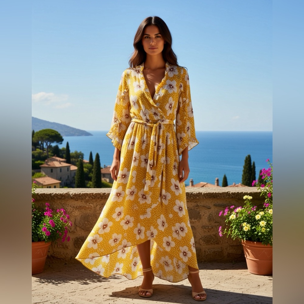 Floral Yellow Wrap Dress